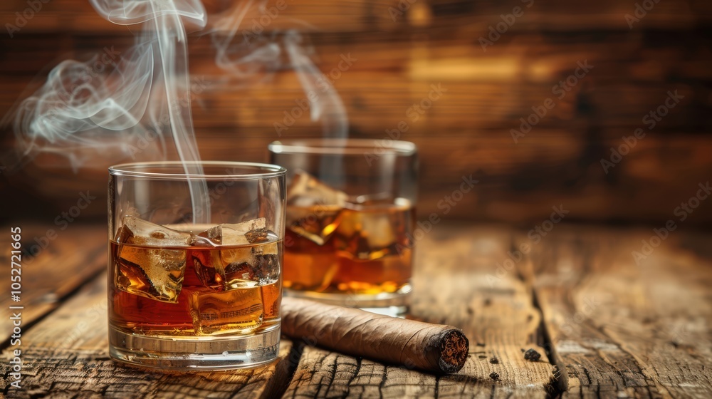 Two glasses of whiskey with ice and cigars on a rustic wooden table. Two glasses of whiskey with ice and cigars on a rustic wooden table.