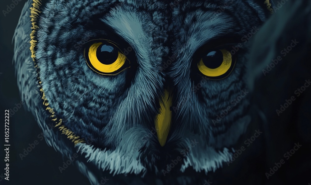 Generative AI illustration of closeup round yellow eyes of great gray owl looking away at dark night Generative AI illustration of closeup round yellow eyes of great gray owl looking away at dark night