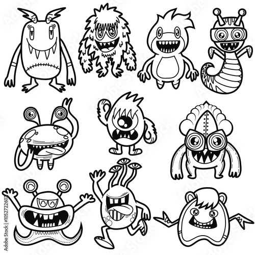 Hand-drawn illustrations, monsters doodle, Hand Drawn cartoon monster illustration,Cartoon crowd doodle hand-drawn Doodle style.black and white stripes coloring  book.