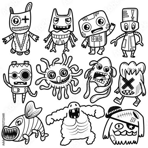 Hand-drawn illustrations, monsters doodle, Hand Drawn cartoon monster illustration,Cartoon crowd doodle hand-drawn Doodle style.black and white stripes coloring  book.