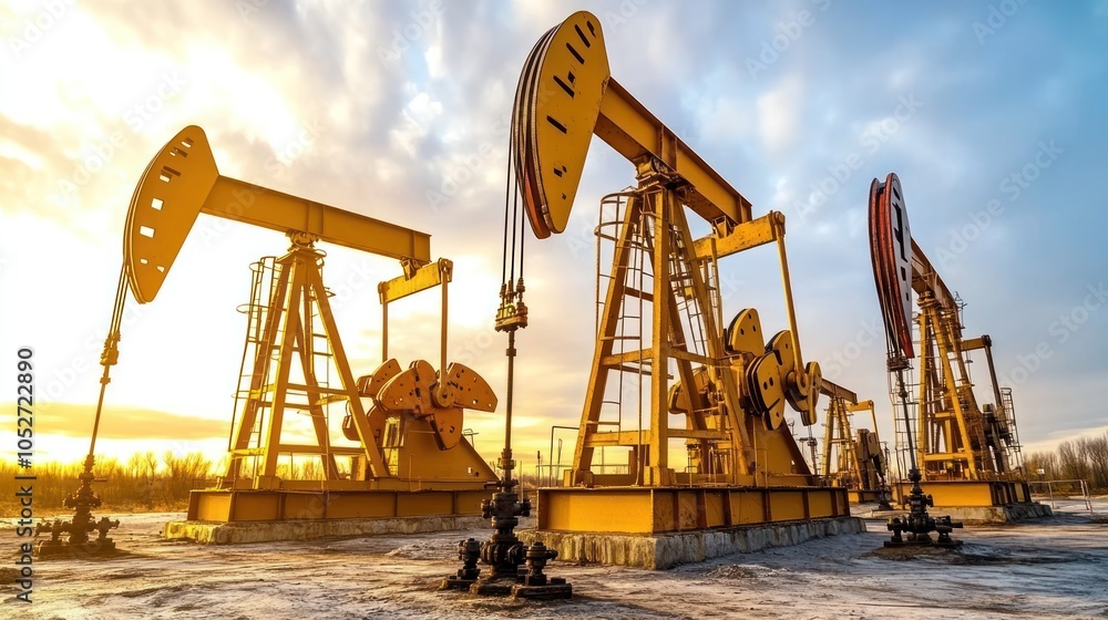 Oil pumps in a field at sunset. Oil pumps in a field at sunset.