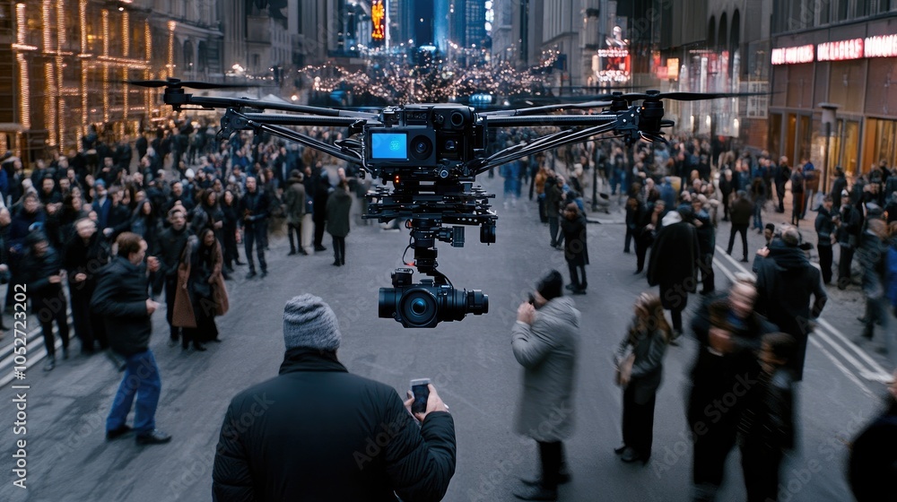 Obraz premium A drone flies above a crowd, capturing attention in a vibrant setting illuminated by neon lights and advanced technology