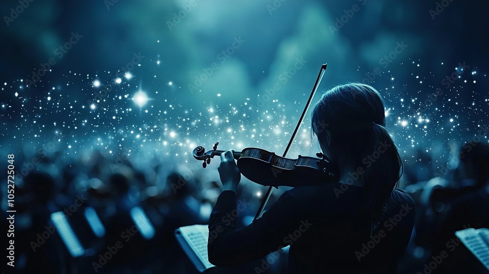 Fototapeta premium A woman playing a violin to a crowd under starry skies in a dim room