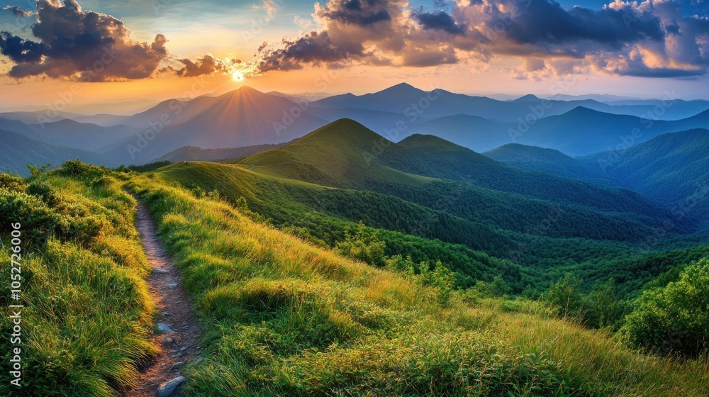 Fototapeta premium A winding path leads through a lush green mountain valley towards a distant sunset.