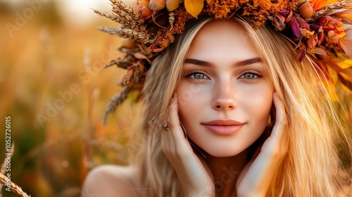 A young woman with long blonde hair wears a fall-themed floral crown. Her eyes are closed and her face is lit by the warm sunlight.