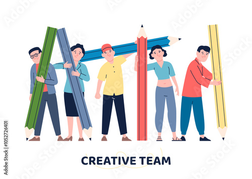 Tiny people with giant pencils. Cute young adults characters, designers, illustrators, painters, writers group. Creative team vector set
