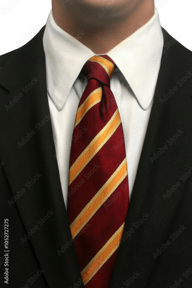 Close-up of a Red and Gold Striped Tie on a Black Suit Close-up of a Red and Gold Striped Tie on a Black Suit