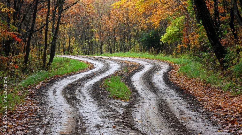 Curved Dirt Road Surrounded by Autumn Foliage Curved Dirt Road Surrounded by Autumn Foliage