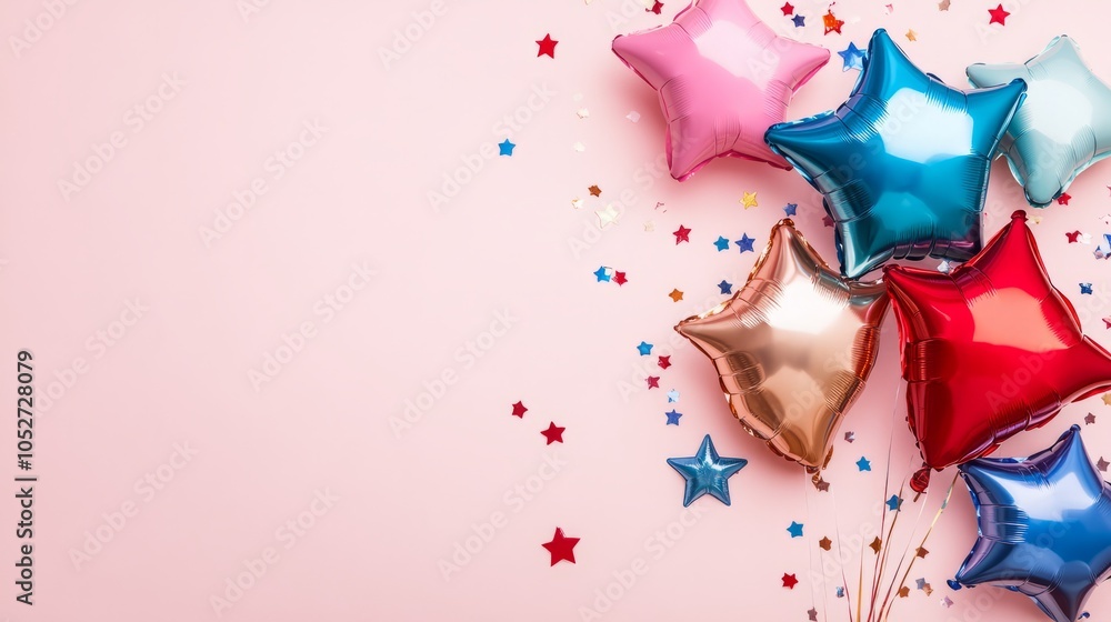 Colorful Star-Shaped Balloons with Confetti on Pink Background Colorful Star-Shaped Balloons with Confetti on Pink Background