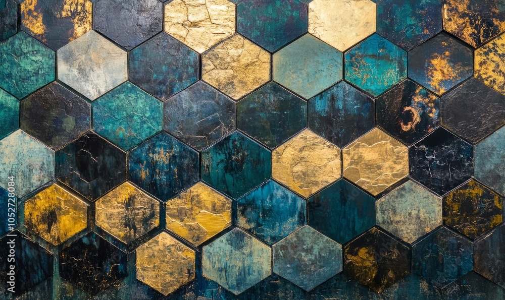 Fototapeta premium Intricate patterns of overlapping metallic hexagons create a dynamic visual effect, showcasing geometric design in contemporary art during the day