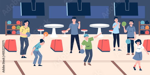 People play bowling. Friends in entertainment center, activity games for family. Men women with balls broke skittles. Game zone recreation recent vector scene