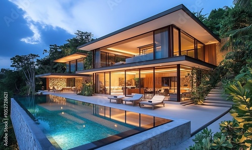 Wallpaper Mural Luxurious modern architectural villa design with large glass walls, open-concept living space, and surrounded Torontodigital.ca