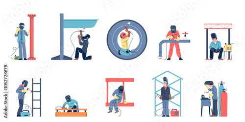 Welder characters. Welders welding pipelines and pipes, fixing or repair process. Metalworkers with tools, working with iron metal steel, recent vector set
