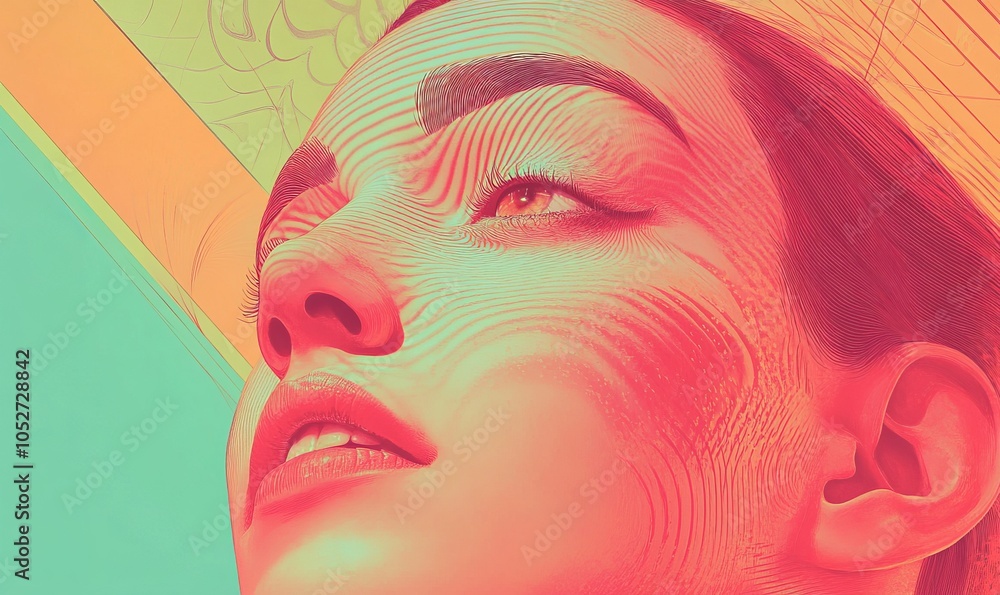 A woman with a pink face and green background A woman with a pink face and green background