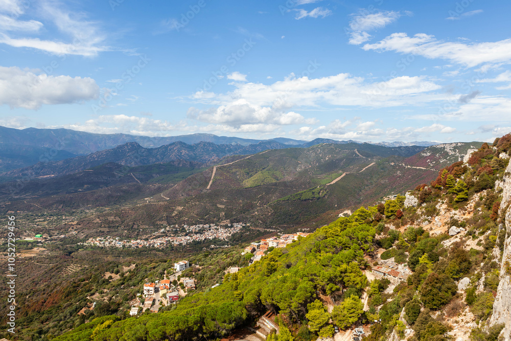 Obraz premium Mountain landscape above Baunei town in Eastern Sardinia, with scenic views of the valley.