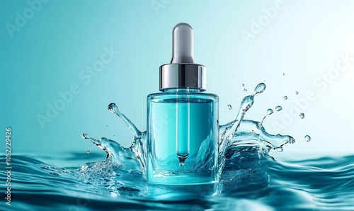 moisturizing cosmetic product serum in a transparent bottle with a dropper in water waves blue background