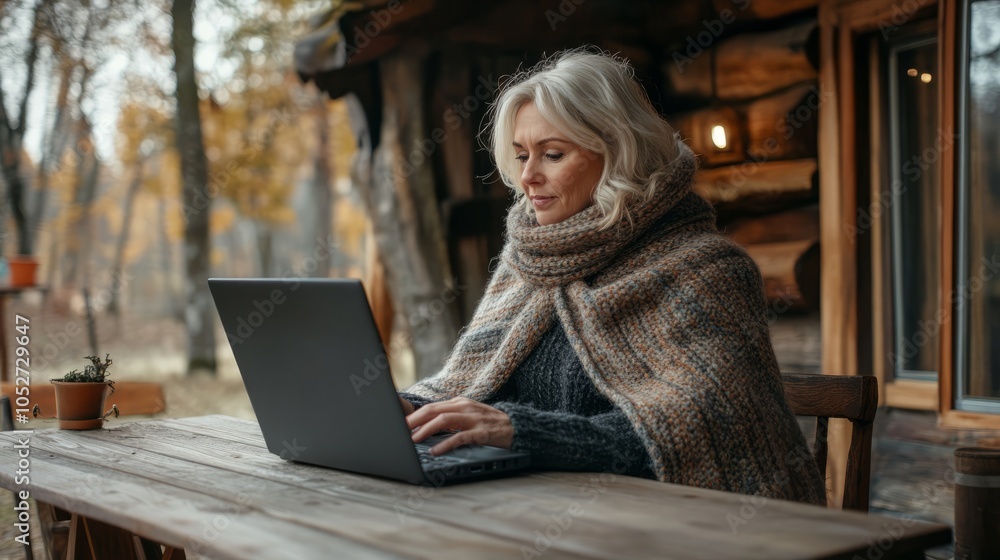 Mature Woman Working on Laptop Outdoors in Autumn Mature Woman Working on Laptop Outdoors in Autumn