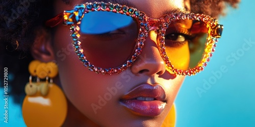 Colorful Fashionable Sunglasses with Color-Blocked Eyes on Model photo