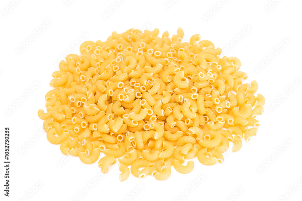 A Heap of Uncooked Chifferi Rigati Pasta Isolated on White Background. Fat and Unhealthy Food. Classic Dry Macaroni Texture. Italian Culture and Cuisine. Raw Pasta - Isolation A Heap of Uncooked Chifferi Rigati Pasta Isolated on White Background. Fat and Unhealthy Food. Classic Dry Macaroni Texture. Italian Culture and Cuisine. Raw Pasta - Isolation