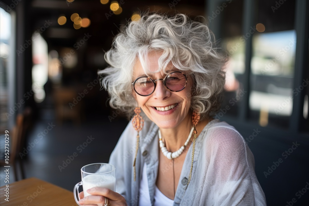 Portrait of happy senior woman drinking a glass of milk in a cafe Portrait of happy senior woman drinking a glass of milk in a cafe