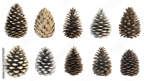 Collection set of big pine cones isolated on transparent background, Christmas tree natural and rustic ornaments, png file