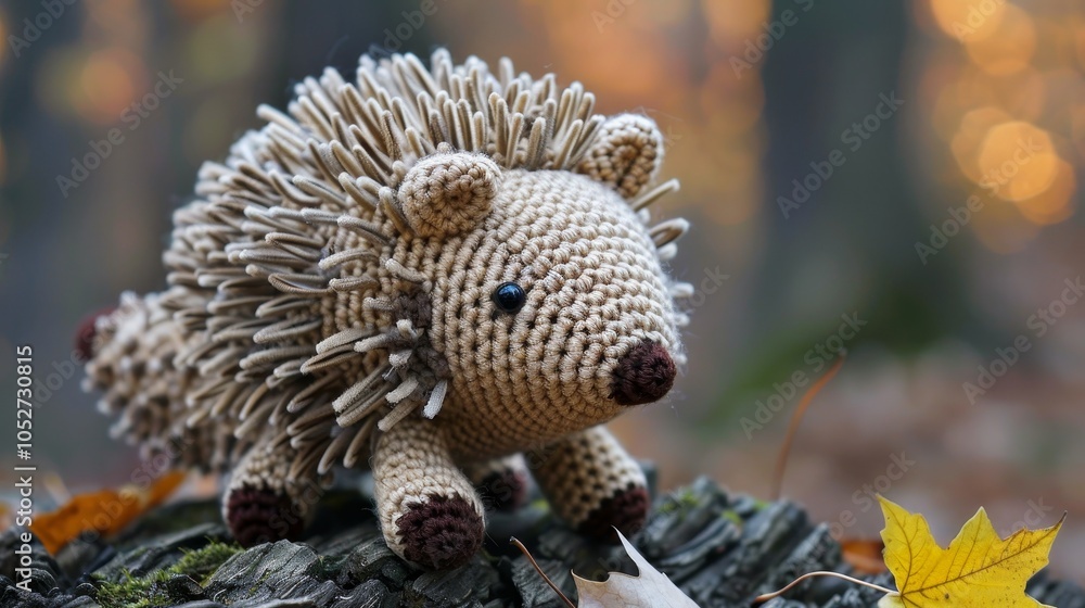 A charming crocheted hedgehog with detailed spines sits on a tree stump surrounded by autumn leaves, capturing a woodland theme with a cozy feel. A charming crocheted hedgehog with detailed spines sits on a tree stump surrounded by autumn leaves, capturing a woodland theme with a cozy feel.