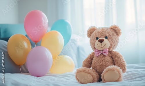 A cute teddy bear toy with colorful balloons on stunning room background