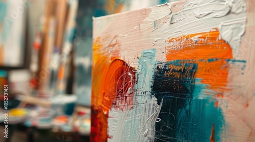 A close-up of a colorful abstract painting on canvas featuring bold strokes of orange, blue, and white, with a textured style that conveys expressive creativity. photo