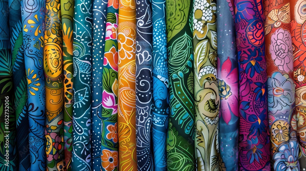 A vibrant array of fabrics showcasing intricate floral patterns and diverse color schemes, ideal for textile enthusiasts or interior design inspiration.