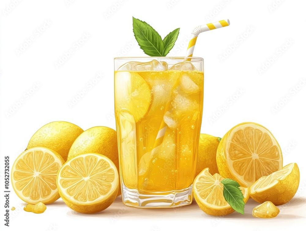 A glass of lemonade with ice and lemons around it. A glass of lemonade with ice and lemons around it.