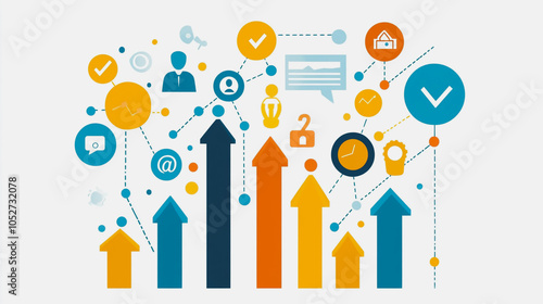 abstract business man stands on the peak of success amid tall, innovative Arrows point the way to success. and graphs with statistics to analyze business potential and predict future developments in