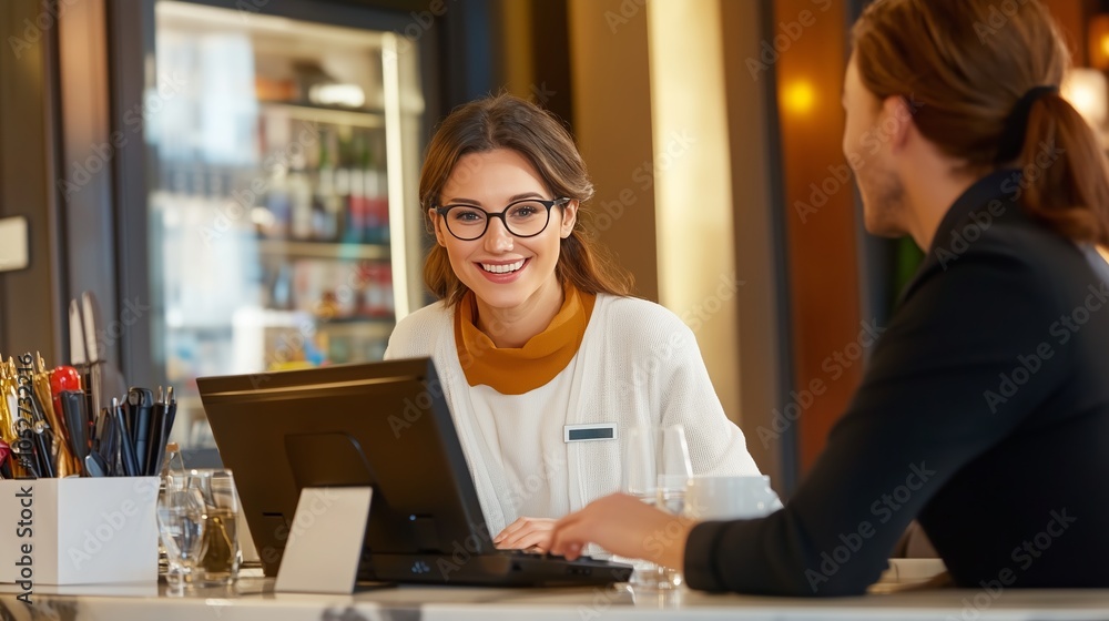 Friendly interaction between a customer service representative and a client in a modern cafe during the daytime Friendly interaction between a customer service representative and a client in a modern cafe during the daytime