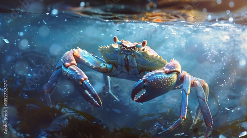 A digital rendition of a vibrant crab navigating through the ocean, capturing the detailed textures of its shell and claws against an aquatic backdrop.