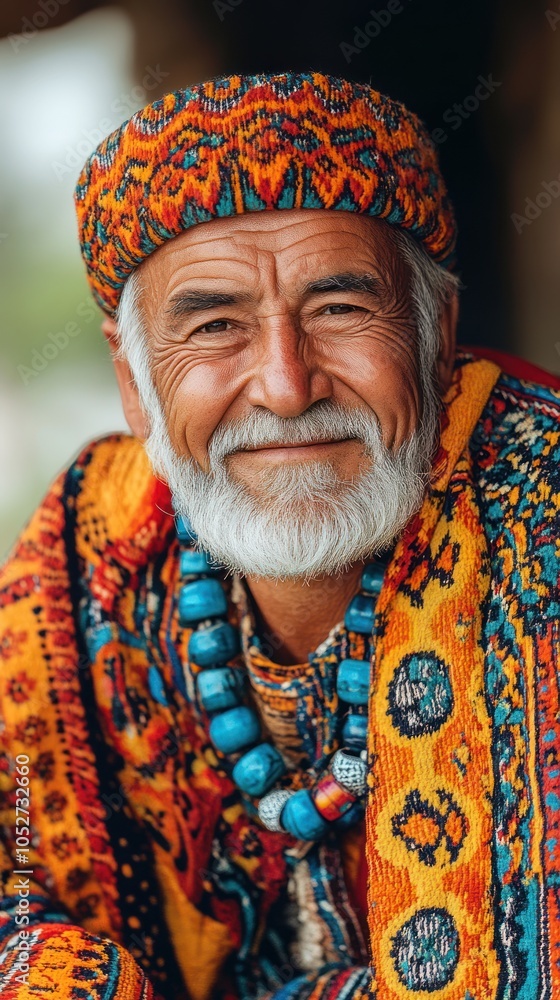 Fototapeta premium Portrait of a Smiling Elderly Man Wearing Traditional Clothing and a Beaded Necklace