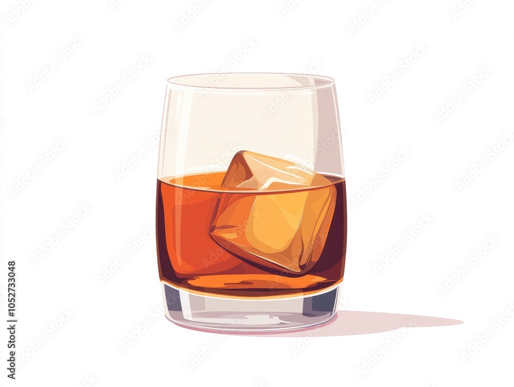 A glass of whiskey with an ice cube. A glass of whiskey with an ice cube.