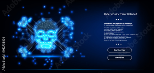 Cybersecurity alert indicating a detected threat with a digital skull and crossbones on a blue background.