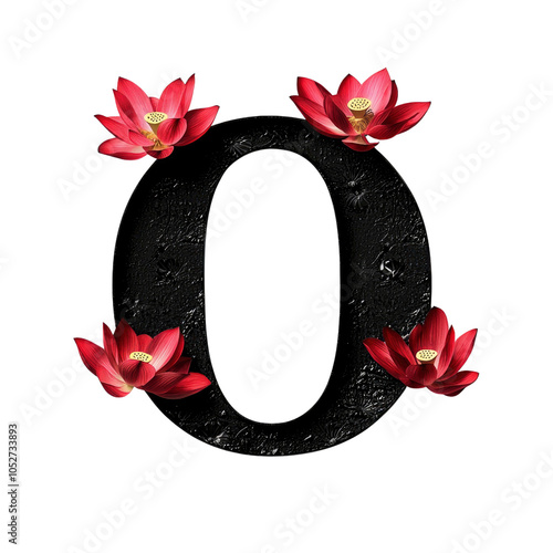 Black Letter O with Red Lotus Flowers