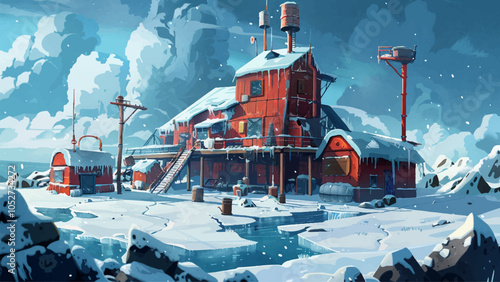 Abandoned Polar Station Frozen Arctic Landscape Cold Isolated Derelict Building Snowy Winter Scene Icy Environment Remote Outpost Weathered Structures Cold Cartoon Illustration