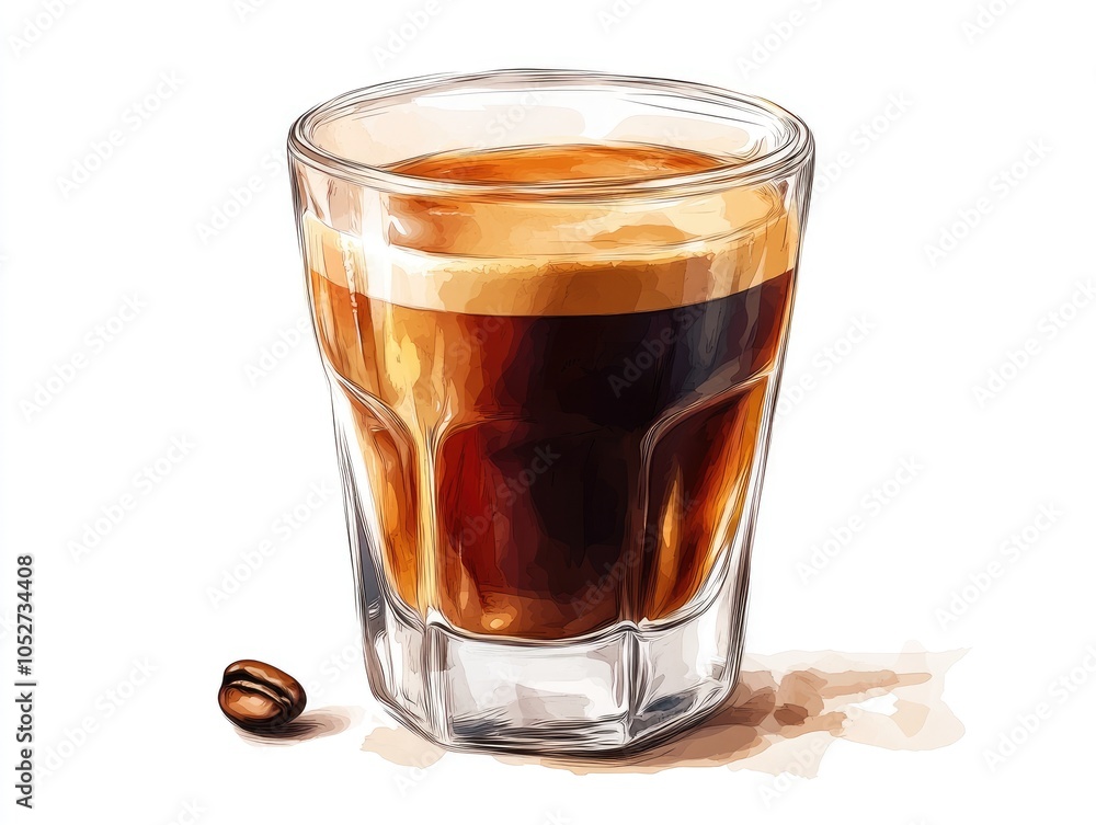 A single shot of espresso in a glass with a single coffee bean next to it. A single shot of espresso in a glass with a single coffee bean next to it.