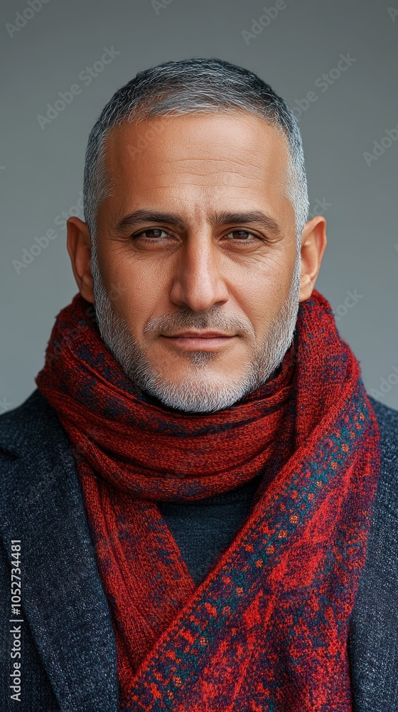 Portrait of a Man with Grey Hair and Beard Wearing a Red Scarf Portrait of a Man with Grey Hair and Beard Wearing a Red Scarf