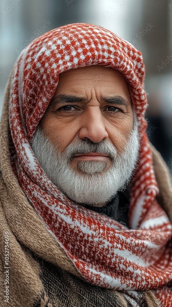 Portrait of an Elderly Man with a White Beard Wearing a Red and White Keffiyeh Portrait of an Elderly Man with a White Beard Wearing a Red and White Keffiyeh