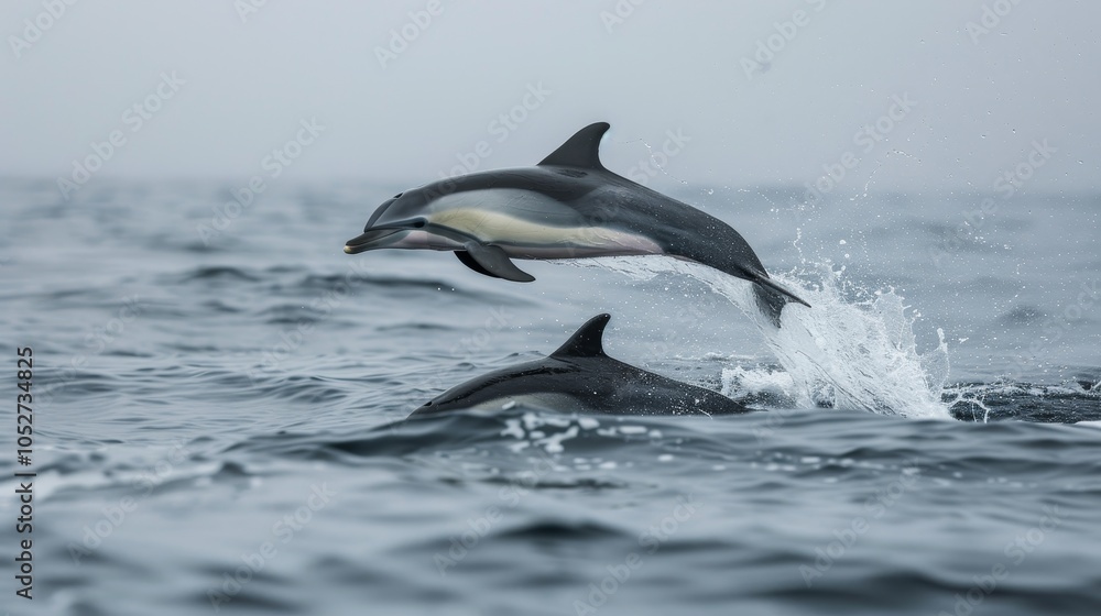 Obraz premium Two graceful dolphins leap joyfully out of the waters, capturing a dynamic moment full of life and motion amidst the serene, misty ocean backdrop.