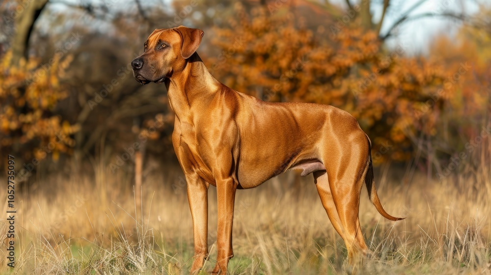 This image shows an elegant dog standing confidently in a field with vibrant autumn foliage, highlighting its alert stance and the natural beauty surrounding it. This image shows an elegant dog standing confidently in a field with vibrant autumn foliage, highlighting its alert stance and the natural beauty surrounding it.