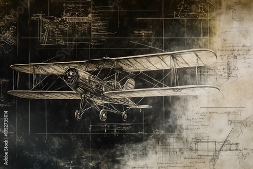 A vintage chalk drawing of the Wright Brother's Kitty Hawk first flight, with drawings and technical notes in the background depicting its design details.  photo