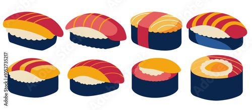 Vector illustration featuring a variety of sushi, a staple of japanese cuisine, is shown in different shapes and colors, highlighting the diversity of this popular dish