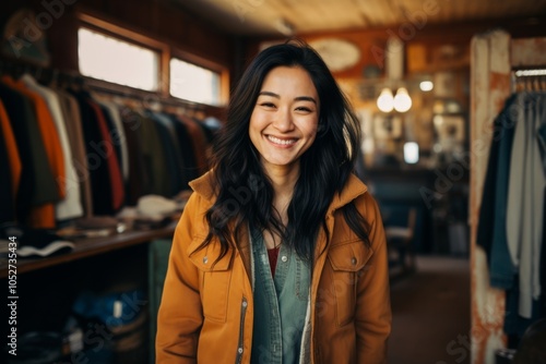 Portrait of a smiling Asian woman owner of second hand shop photo