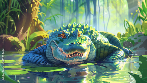 Alligator Lounging Water Tropical Swamp Cartoon Illustration Lush Greenery Reptile Relaxing Sunbathing Marshes Calm Waters Wildlife Habitat Wetland Vegetation Riverbank Tropical