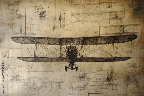 A vintage chalk drawing of the Wright Brother's Kitty Hawk first flight, with drawings and technical notes in the background depicting its design details.  photo