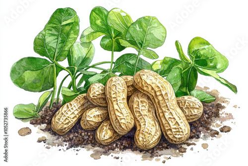 A watercolor illustration of peanuts with green leaves emerging from the soil, showcasing their natural habitat and growth environment. photo