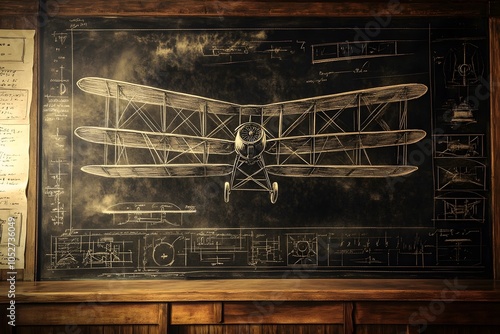 A vintage chalk drawing of the Wright Brother's Kitty Hawk first flight, with drawings and technical notes in the background depicting its design details. 